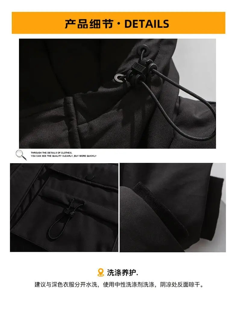 Techwear Down Cotton Jacket Men's Oversize Mid Length Workwear Cold Weather Clothing Winter Pockets Thick Hooded Parkas