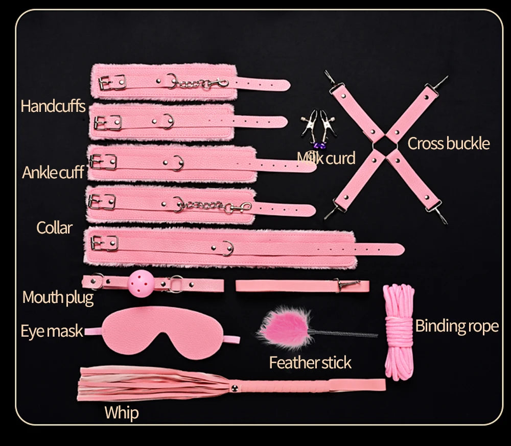 BDSM Bondage Restraint Kit 10 Pieces Drawstrings Collars Eye Masks Mouth Balls Whips Cotton Ropes Nipple Clamps Rope for Couples