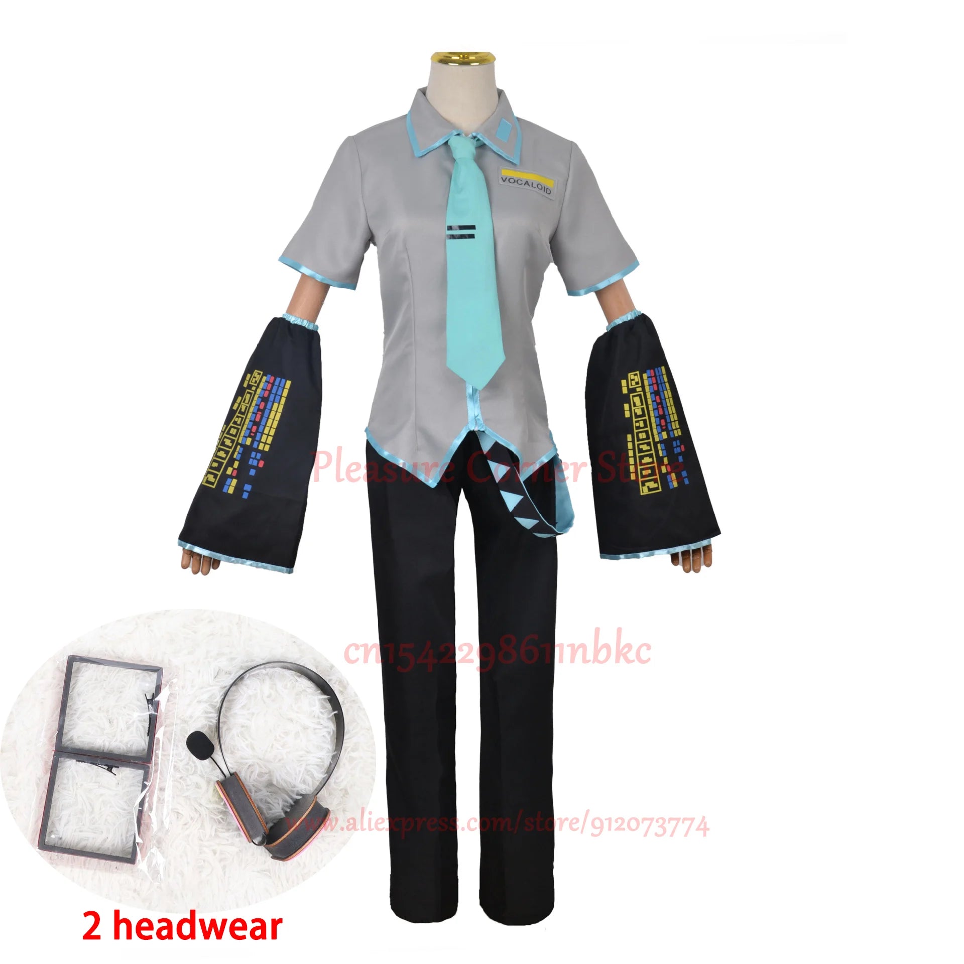 Miku Cosplay Full Set Silver Grey Patent Leather Fabric Suit Miku Cosplay Shoes Headwear Costume Outfit JK uniform Cosplay