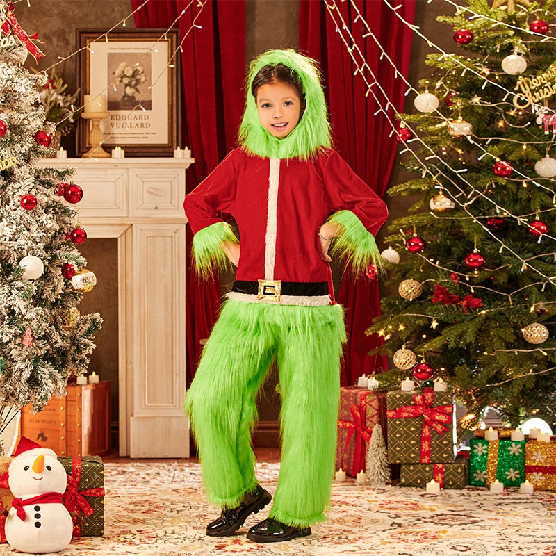 Little Kids Boys Girls Christmas Cosplay Costume Green Furry Monster Hooded Santa Claus Tops Green Fuzzy Pants Set