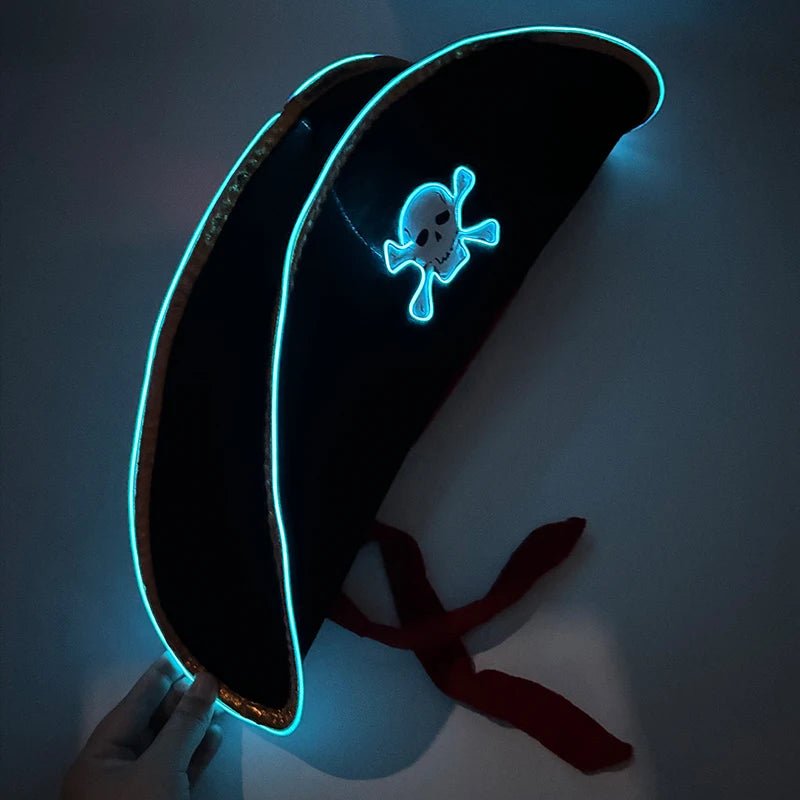 LED Pirate Hat Pirate Theme Holiday Cosplay Pirate Costume Decorations Glowing Captain Hat Colonial Tricorn Hat Woman Skull Hat