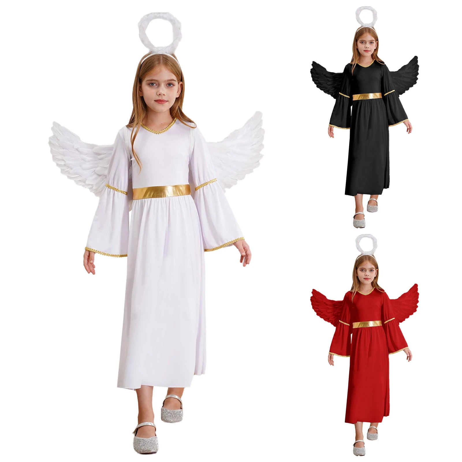 Girls White Angel Costume Halloween Party Long Bell Sleeve Maxi Dress Gown with Wings Set for Performance Church Dress Up