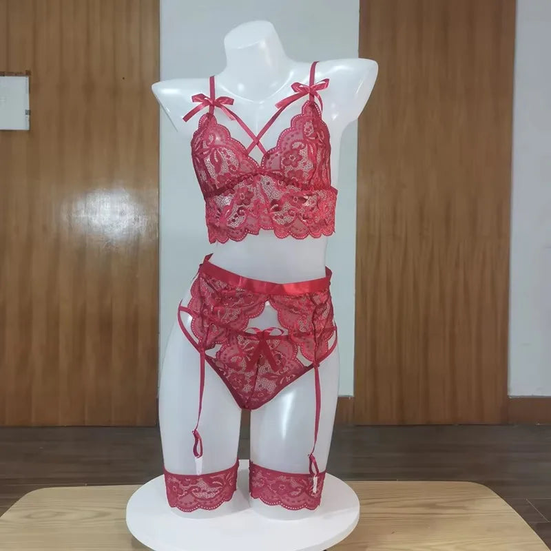 Sexy Erotic Lingerie Women Bra and Panty Garters 3pcs See Through Lingerie Sets Sexy Women's Underwear Set Porn Sexy Lingerie