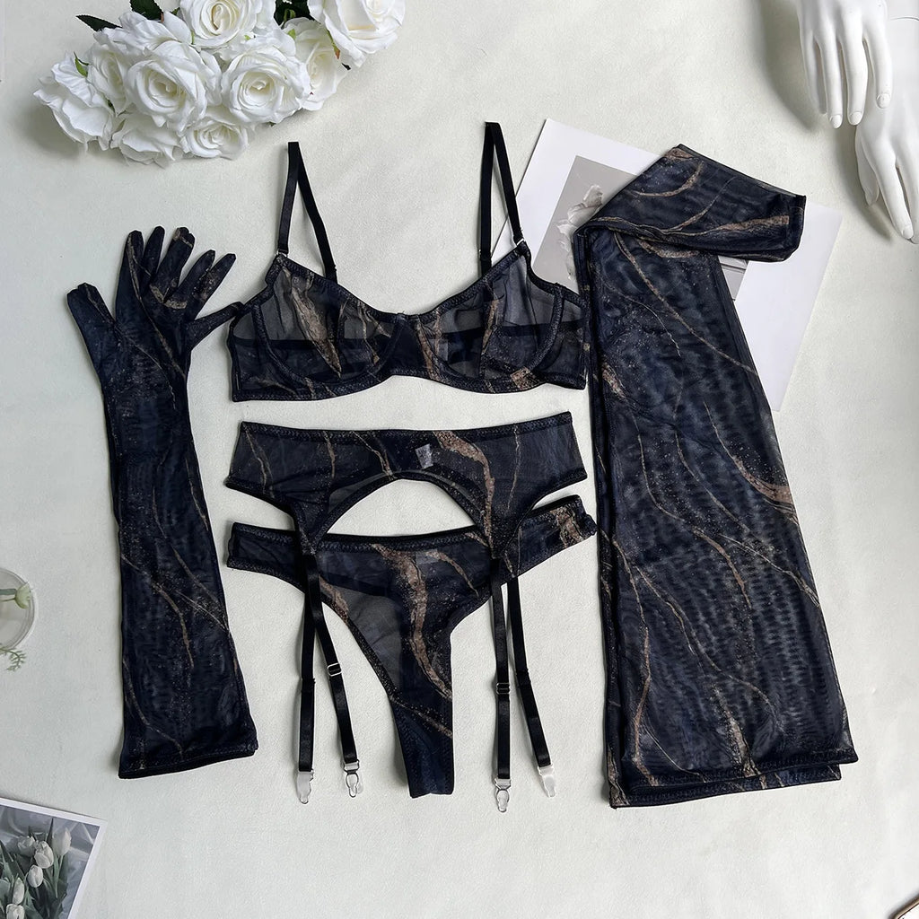 Erotic Lingerie Set Women Tie Dye Lace Push-Up Bra Stockings with Belt Exotic Sheer Underwear 3-Piece Seductive Role-Play Outfit