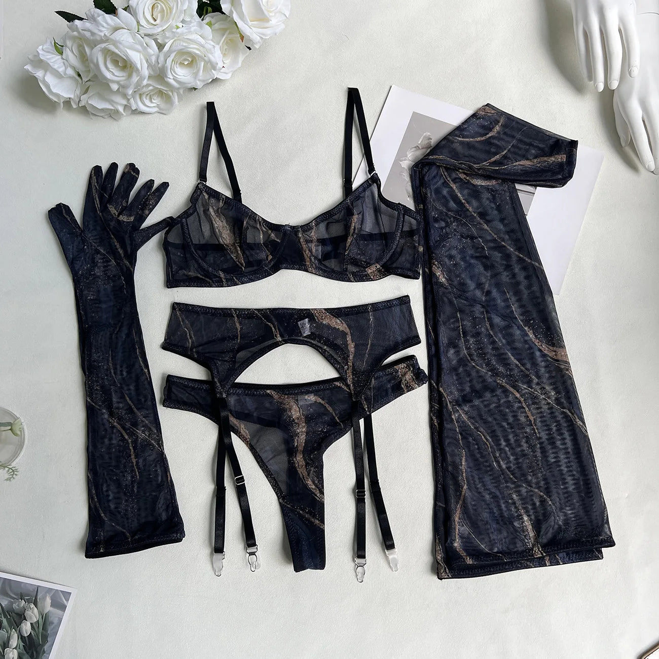Erotic Lingerie Set Women Tie Dye Lace Push-Up Bra Stockings with Belt Exotic Sheer Underwear 3-Piece Seductive Role-Play Outfit