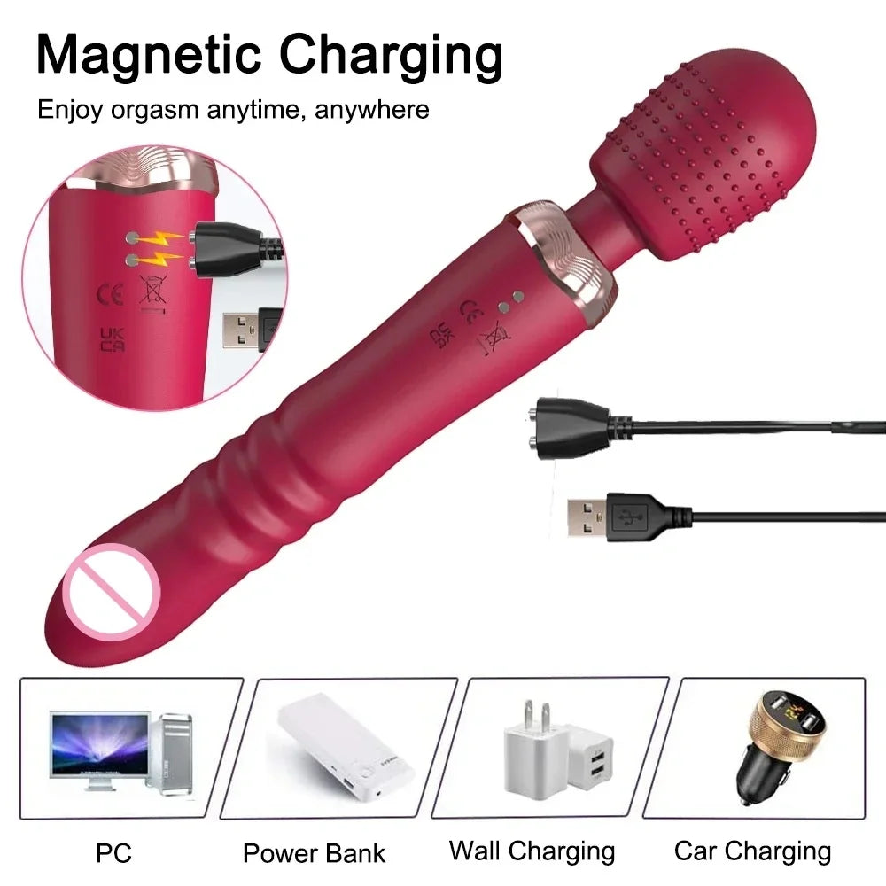 Powerful Thrusting Dildos Vibrator Three Motors Silicone Telescopic Plus Vibration Large Size Wand Massager Sex Toy for Couple