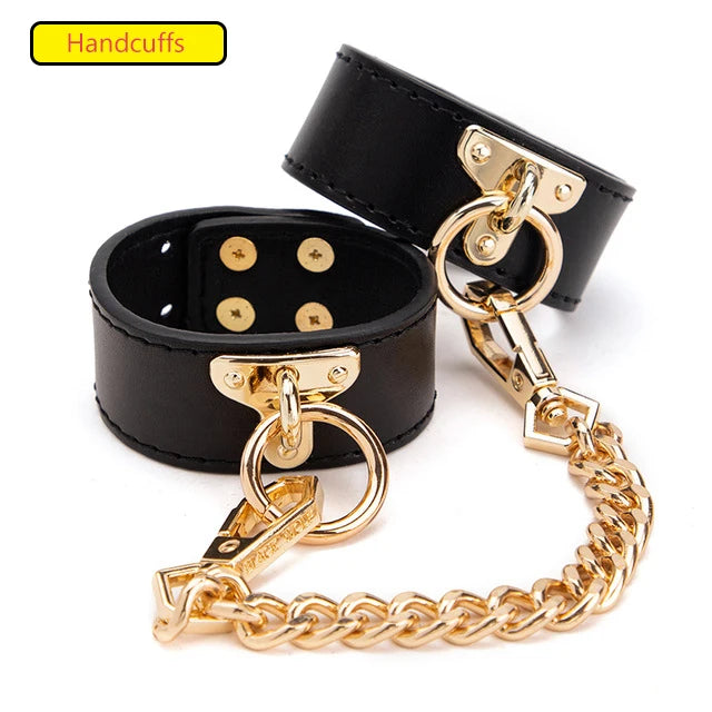 Erotic Bed Bondage Kits Slave Restraint Bondage Set Genuine leather Collar Mouth Gag Whips Handcuffs Adult Sex Toys For Couples