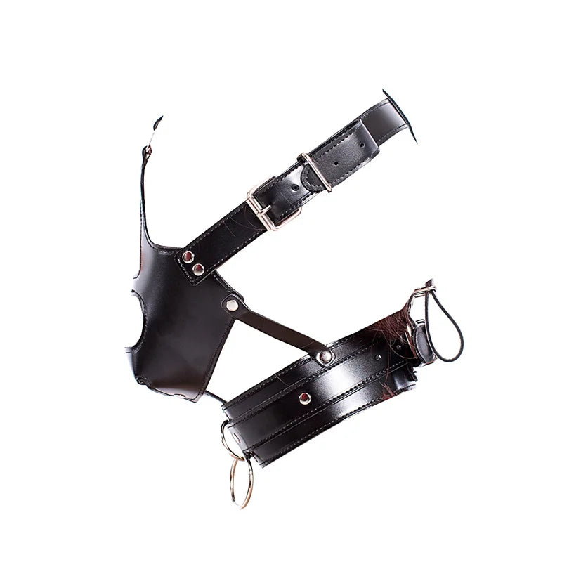 Leather fetish headwear, mask, hood holder, dildo, mouth plug, BDSM, bondage, porn, adult cosplay, male, female and gay sex toys