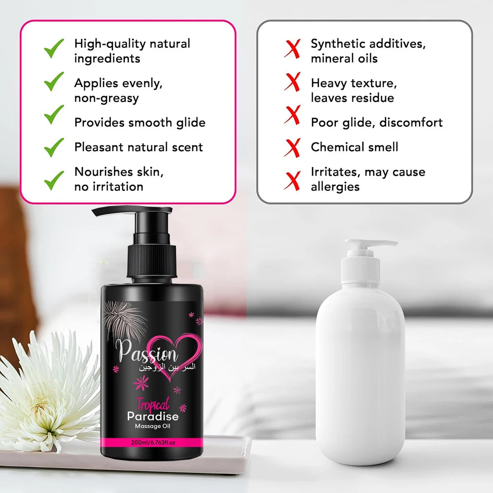6.76 OZ Passion Sensual Jojoba Oil Natural Body Massage Oil for Couples Relaxing Perfect Glide & Smooth Skin, Tropical Paradise