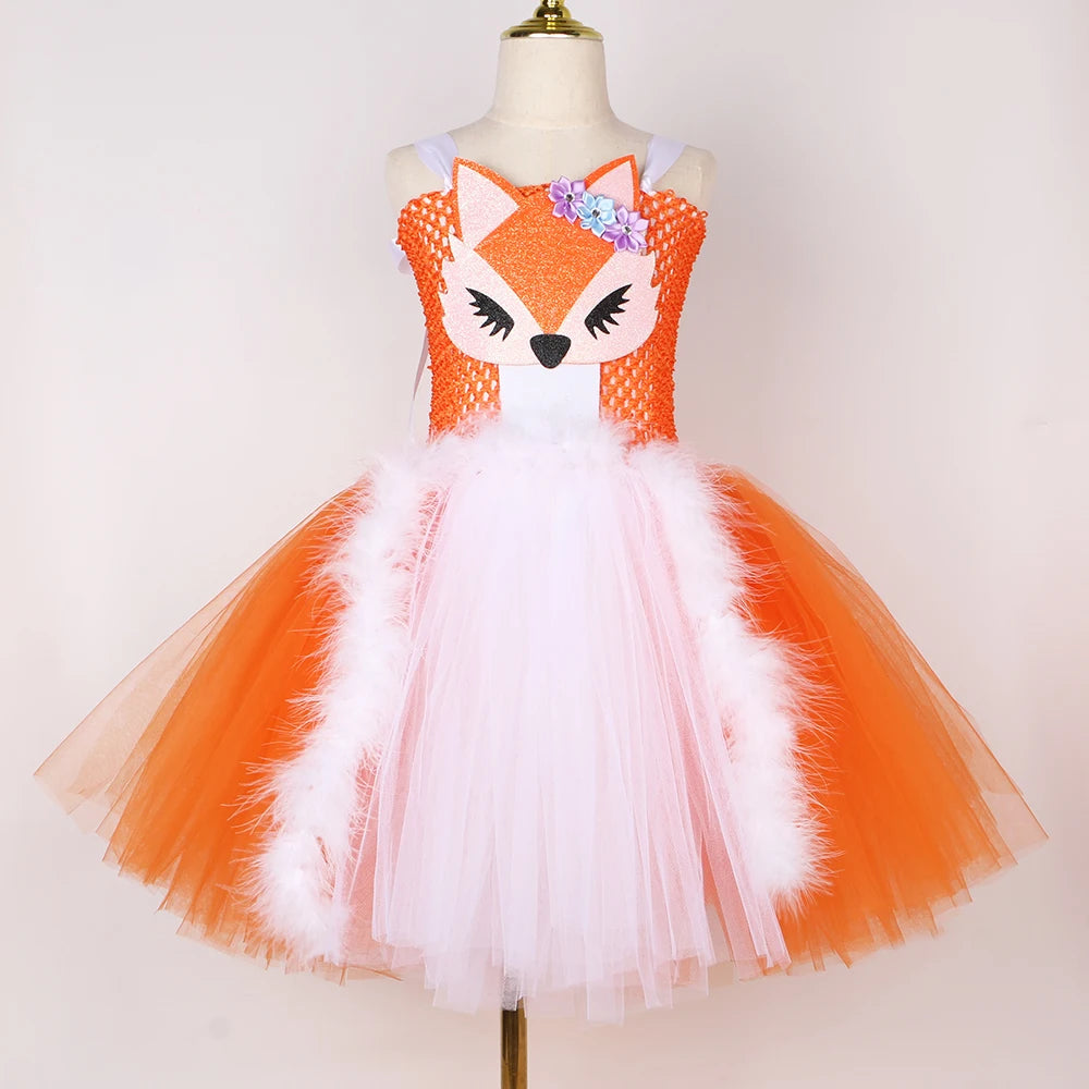 White Orange Fox Halloween Costumes for Girls  Animal Cosplay Tutu Dress with Ears Children Birthday Carnival Party Outfits