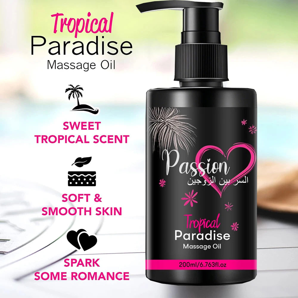6.76 OZ Passion Sensual Jojoba Oil Natural Body Massage Oil for Couples Relaxing Perfect Glide & Smooth Skin, Tropical Paradise