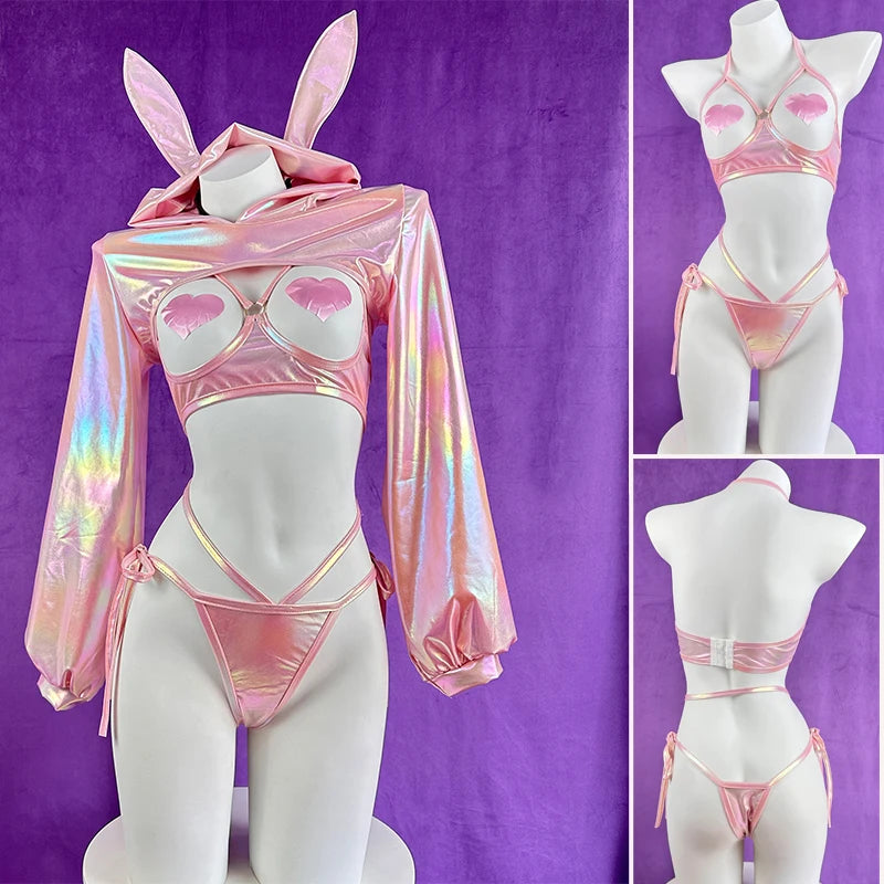 Sexy lingerie anime bunny girl cosplay pink laser patent leather bikini bunny girl Halloween lingerie set