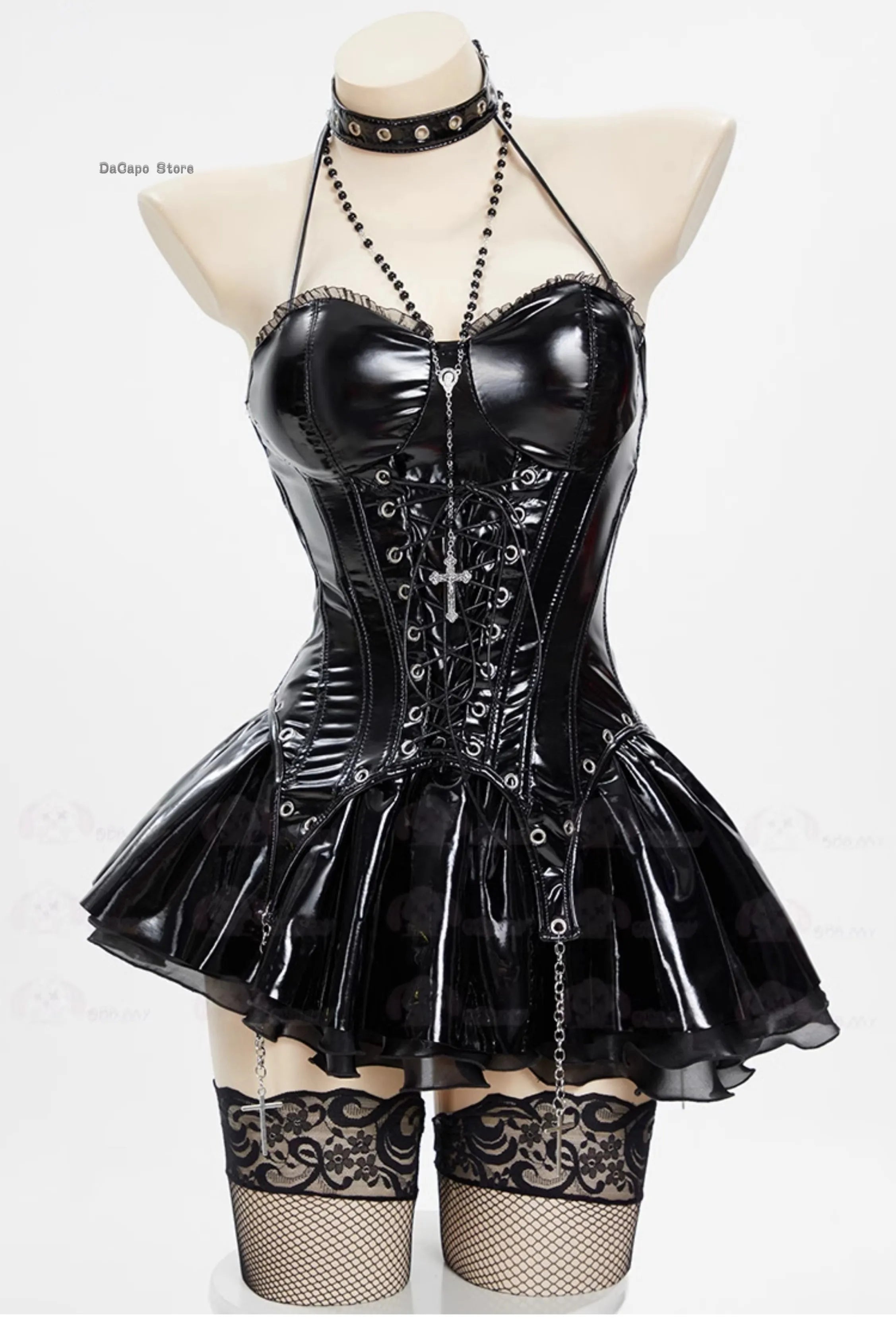 In Stock Miss Misa Halloween Gothic Black Lace-up Corset Top and Skirt with Net Stockings and Sleeves Cosplay Costume and Wig