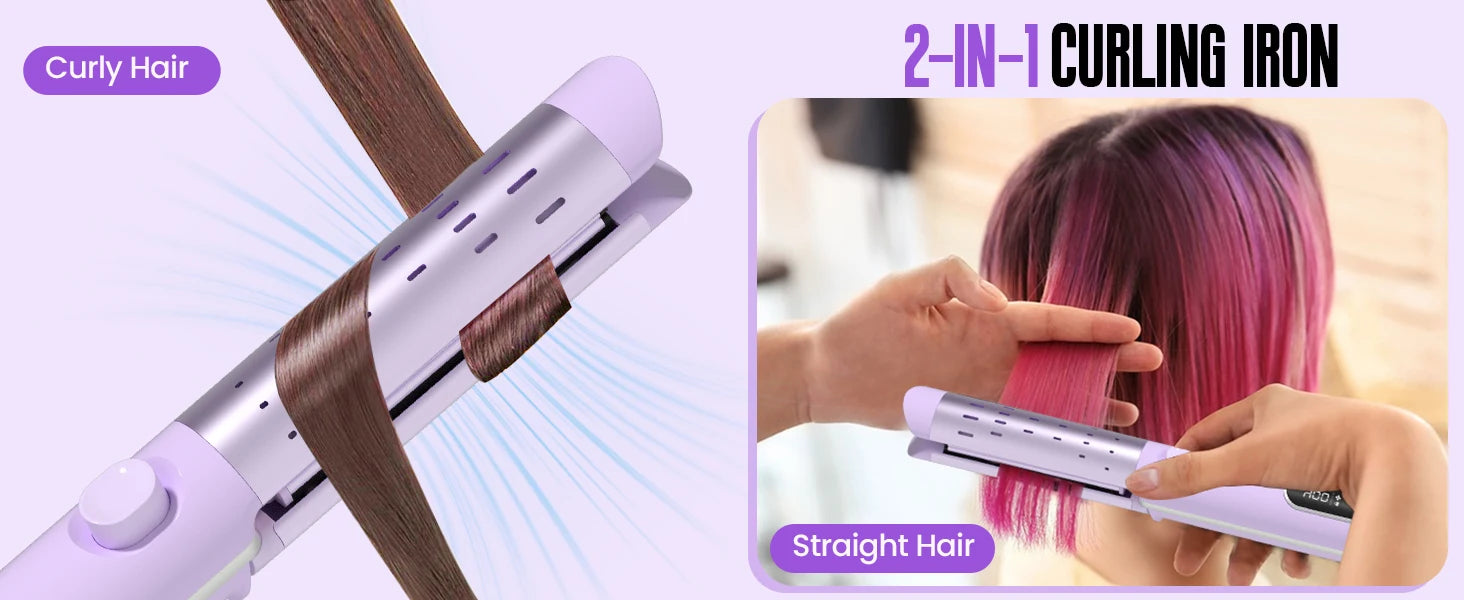 Airflow Curling Iron for Lasting Curls -Ceramic Flat Iron Hair Straightener and Curler 2 in 1, Anti-Scald Curling Wand 1.25 Inch