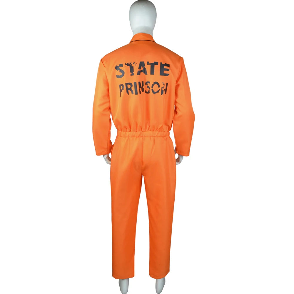 Male Prison Cosplay Costume Long Sleeves Jumpsuit Bodysuit Inmate Orange Set Adult Convict Party Uniform Amusement Outfits