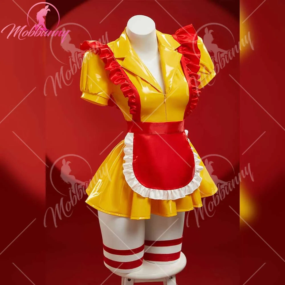 Mobbunny Women's Sexy Lingerie Maid Uniform Set Waitress Yellow Dress with Red Apron and Hat Halloween Cosplay Costume