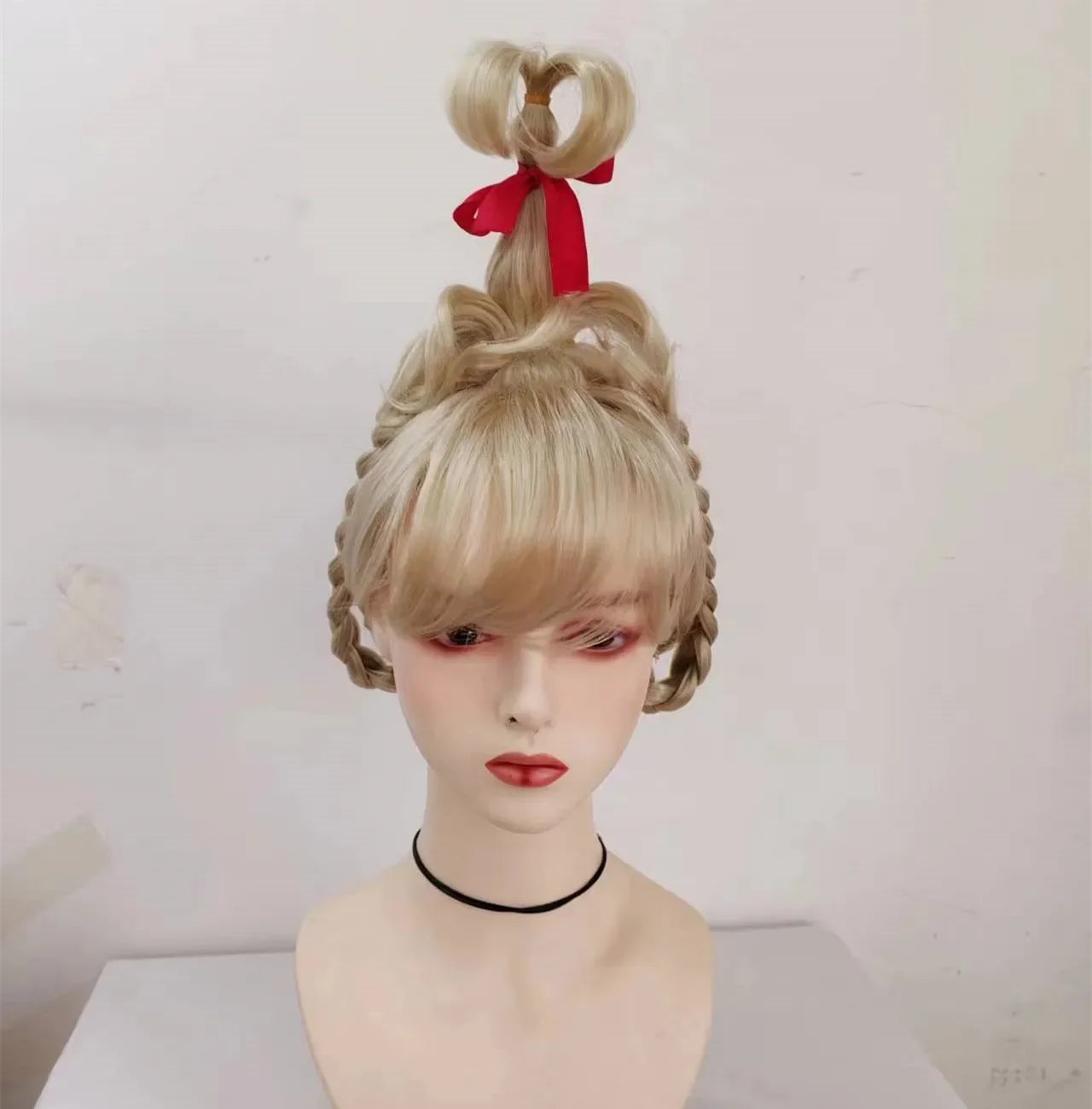 Cindy Lou Who Movie Cosplay Wig with Red Bow For Women Lou Heat Resistant Synthetic Hair Who Wig Christmas Party Wig Gift