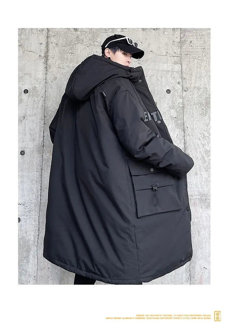 Techwear Down Cotton Jacket Men's Oversize Mid Length Workwear Cold Weather Clothing Winter Pockets Thick Hooded Parkas