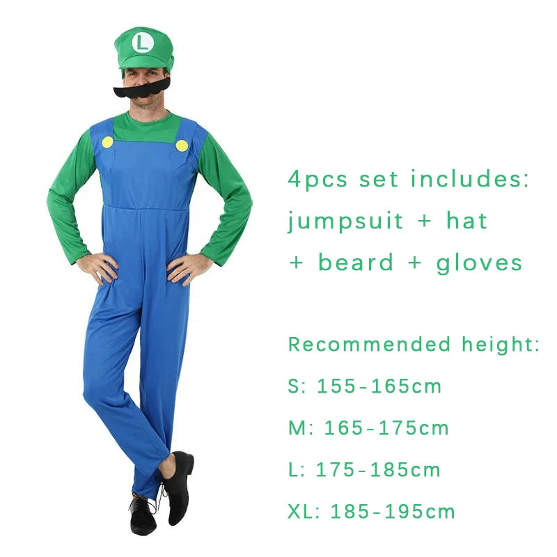 Luigi Super Brother Maris Game Cosplay Costume Funny Super Bros Adult Jumpsuit Anime Men's Halloween Dress