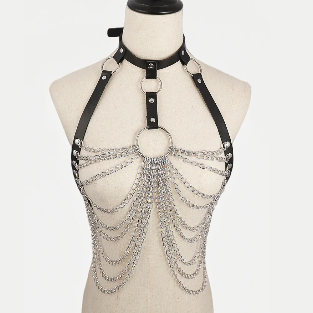 Women's sexy metal chain erotic lingerie nightclub leather bondage waist chain strap