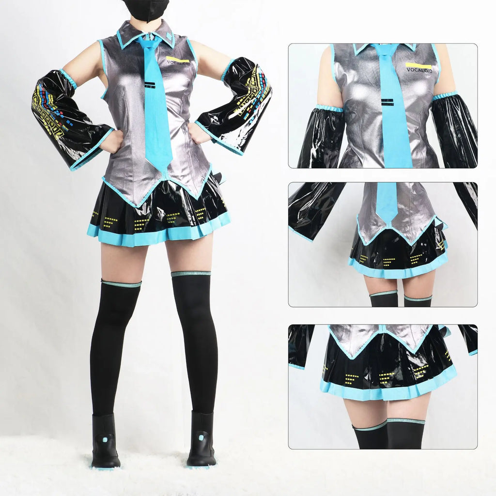 Miku Cosplay Full Set Silver Grey Patent Leather Fabric Suit Miku Cosplay Shoes Headwear Costume Outfit JK uniform Cosplay