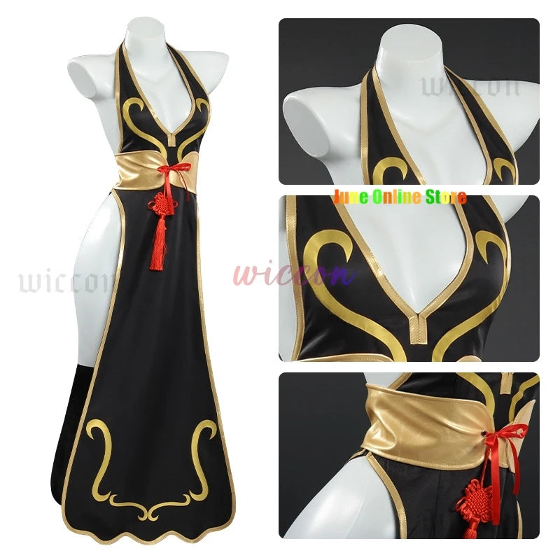 Chun Li Game Street Cosplay Costume Black Battle Dress Fighter Chinese Style Cheongsam Woman Adult Wig Blue Halloween Party