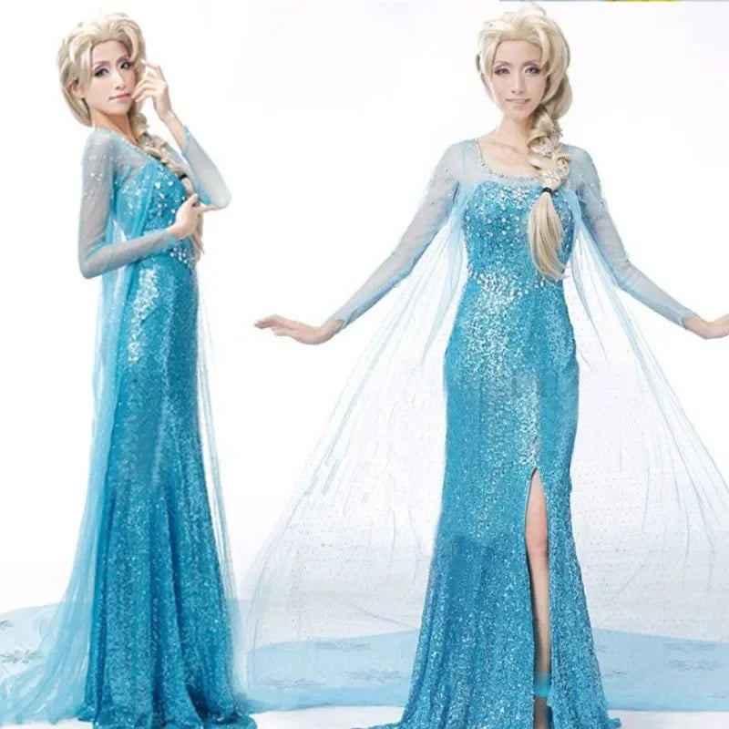 Frozen Elsa Princess Long Dress Sequin Mesh Elsa Costume Adult Snow Queen Costume Party Dress Halloween Carnival Cosplay Costume