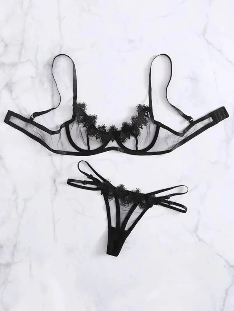 Women Lingerie Set Bra Thongs Underwire Two Piece Bowknot Transparent Mesh Lace Steel Ring Lingerie Underwear Erotic Sexy Bras