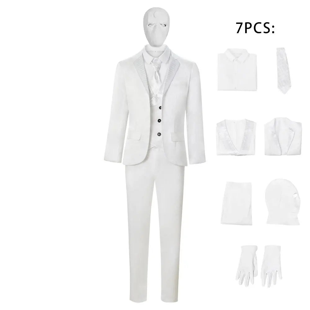 Movie Halloween Moon Superhero Mr Knight Cosplay Costume For Men White Tie Vest Suit Headgear Mask Sets Carnival Masquerade Suit