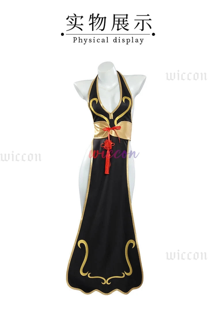 Chun Li Game Street Cosplay Costume Black Battle Dress Fighter Chinese Style Cheongsam Woman Adult Wig Blue Halloween Party