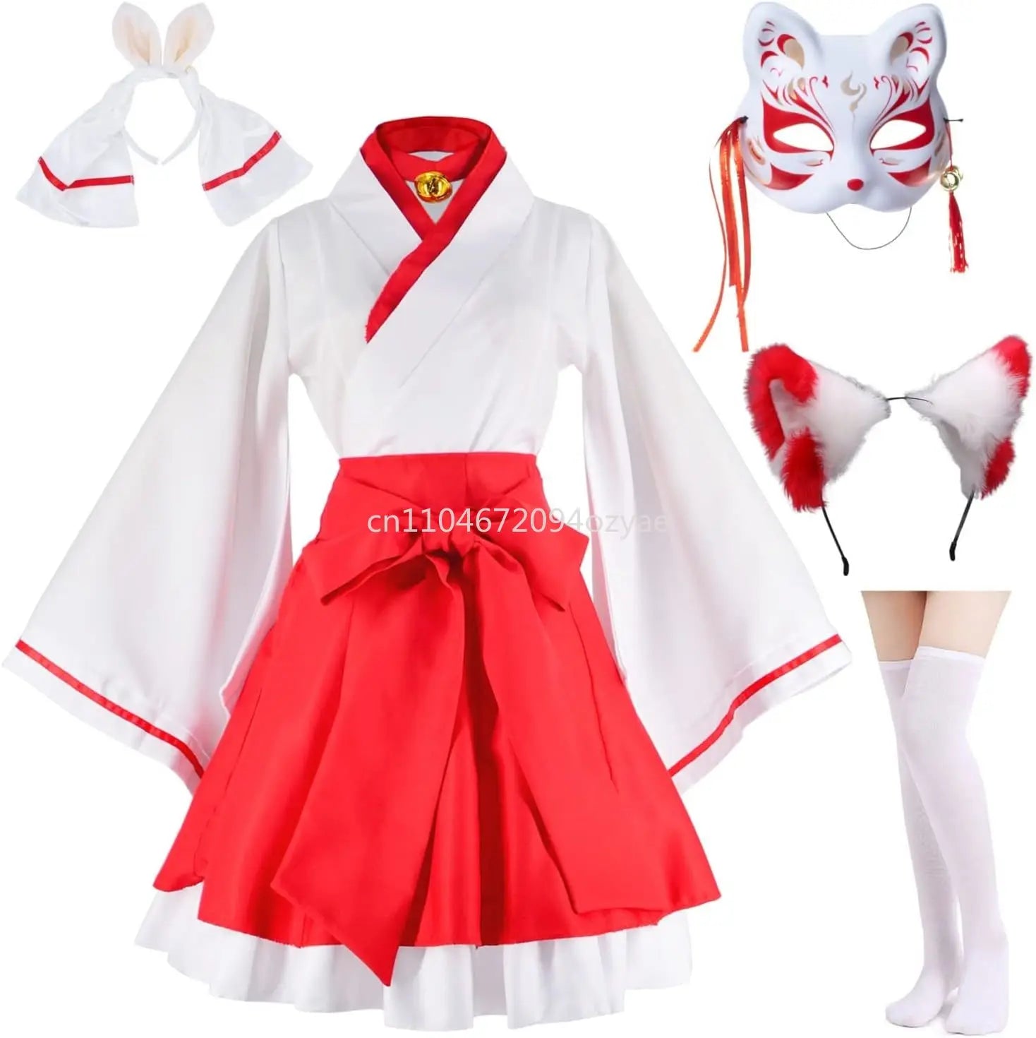 Japanese Anime red and White Kimono Fox Cosplay Costume with Socks