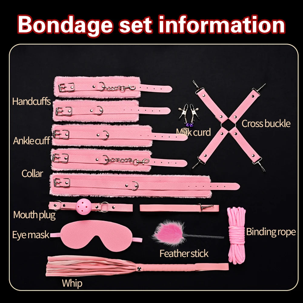 Blindfold 10Pcs/Set Sexual Bondage Handcuff Whip Adult Couple Sex Toys Tools Set Erotic Sex Toys For Adult Leather BDSM Kits