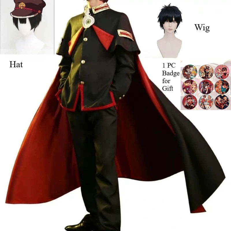 Hanako Cosplay Costume Anime Toilet-Bound Hanako-Kun Cos Clothes Cool Outfit Uniform Hat Black Wig Cape for Carnival Party