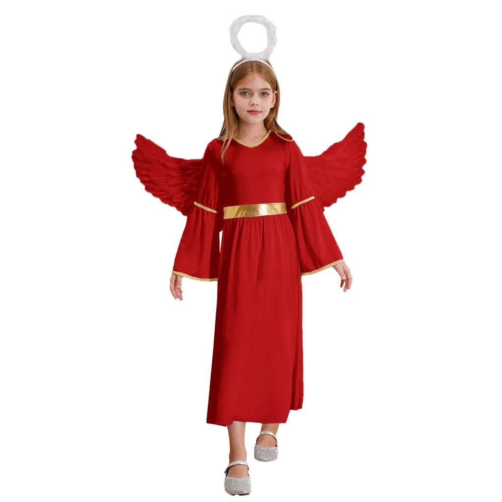 Girls White Angel Costume Halloween Party Long Bell Sleeve Maxi Dress Gown with Wings Set for Performance Church Dress Up