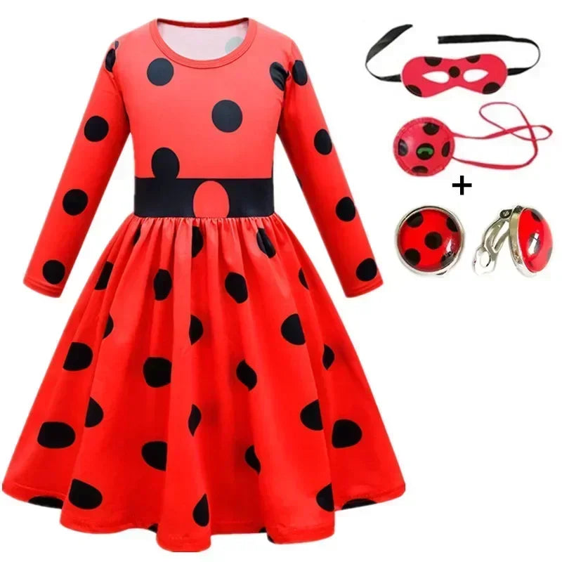 2025 Christmas Reddy Girl Little Beetle Cosplay Costume Mask Wig with Earrings Kids Halloween Fancy Costume Children Party Dress