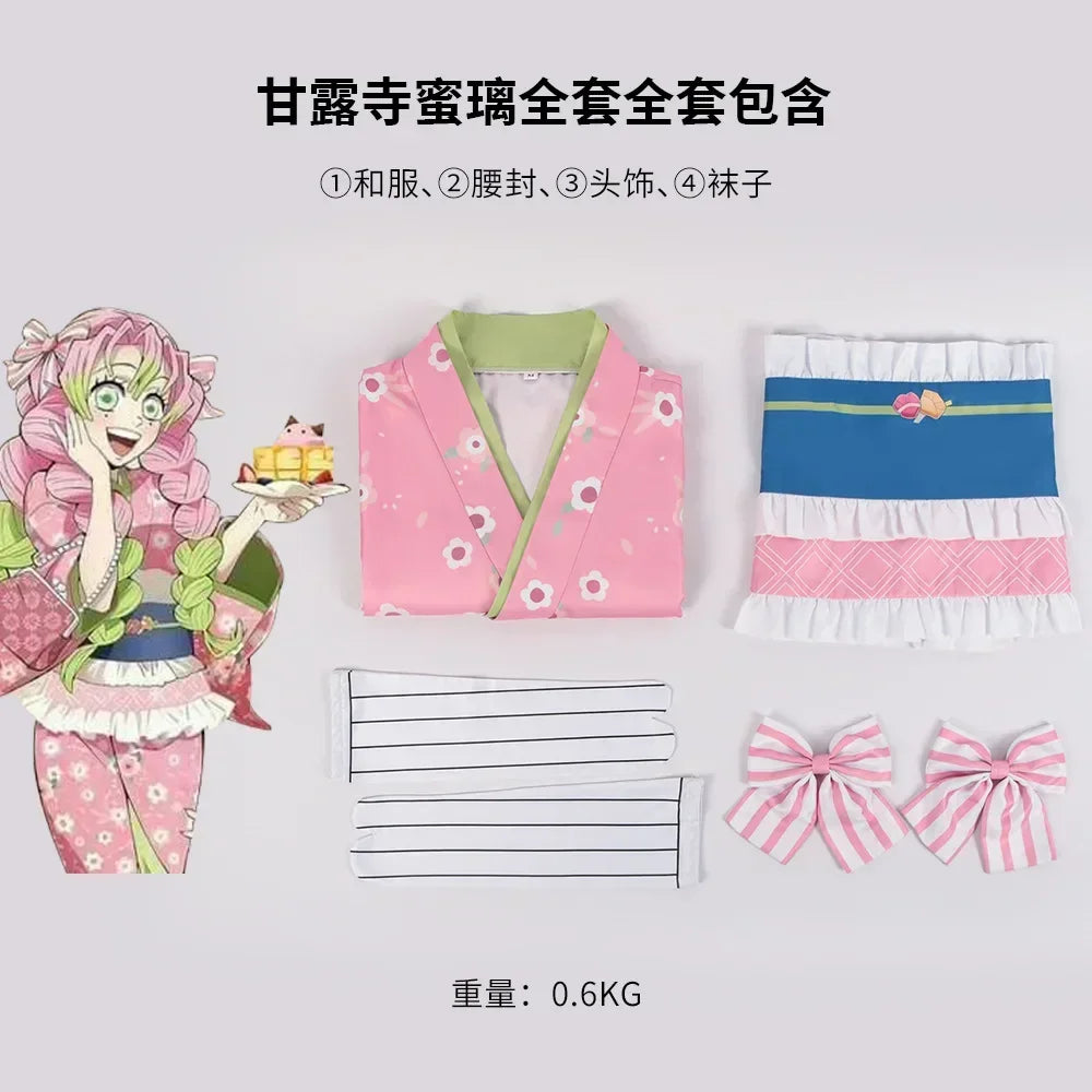 New Fashion Kanroji Mitsuri Cosplay Costume Pink Kimono Dress Outfits Halloween Carnival Party Disguise Women Suits