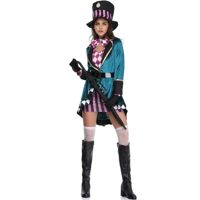 Halloween Alice In Wonderland Clock Mad Hatter Cosplay Costume Sexy Adult Fairy Tale Dress Women Magic Show Tuxedo Fancy Dress