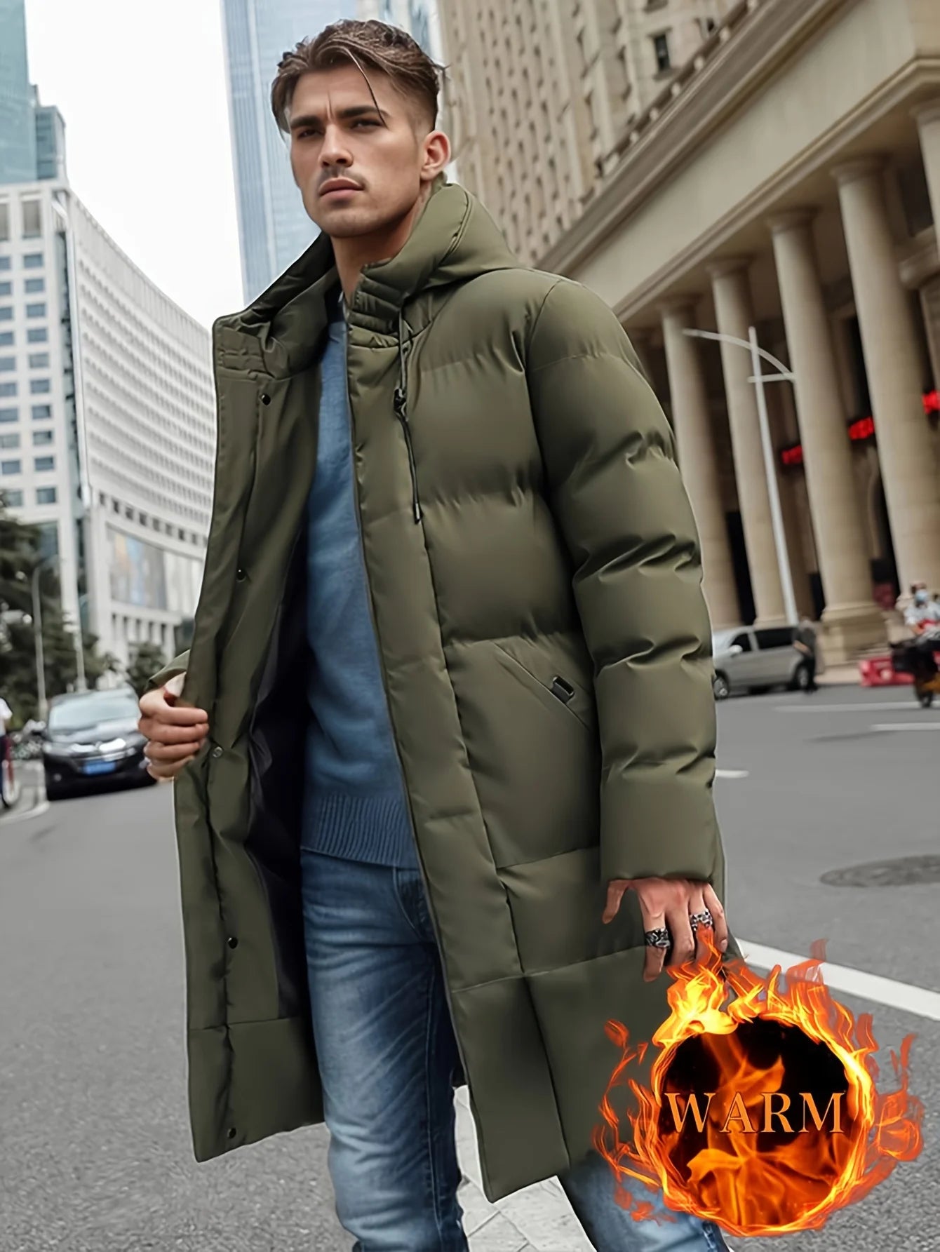 Men's Winter Hooded Full-Zip -Padded Jacket - Windproof Coat with Full-Length Zipper- Cold Weather Outdoor Clothing for Skiing