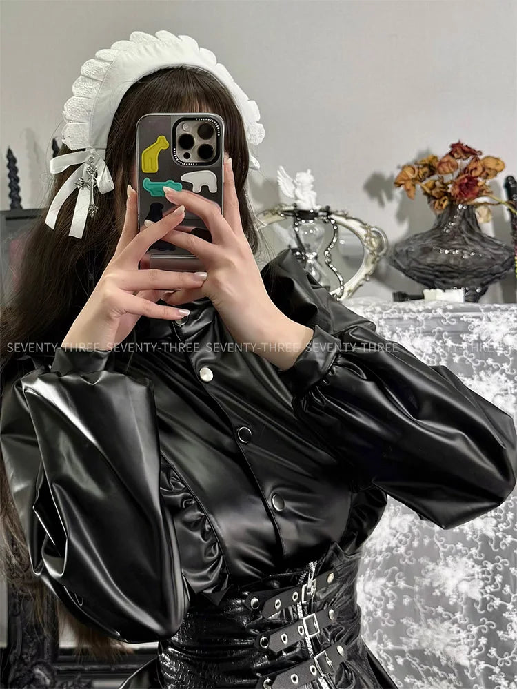 Anime Black Uniform Costume Maid Costume Adult Girl Role Playing Dark Pu Long Skirt Leather Stand Collar Dress Maid Suit