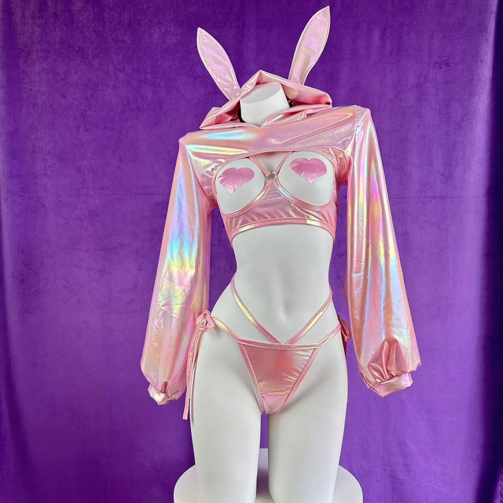 Anime Bunny Girl Cosplay Costume Women Laser Leather Sexy Lingerie Rabbit Maid Uniform Underwear Suit Halloween Carnival Clothes