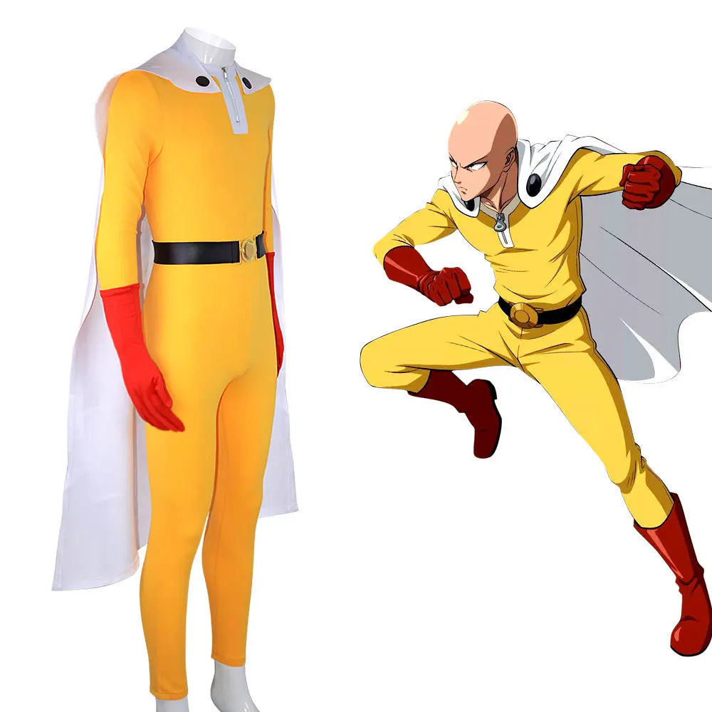 One Punch Man Saitama Cosplay Costume Full Set for Adults Yellow Hero Suit Jumpsuit with Cloak Gloves Belt Cosplay Party Outfit