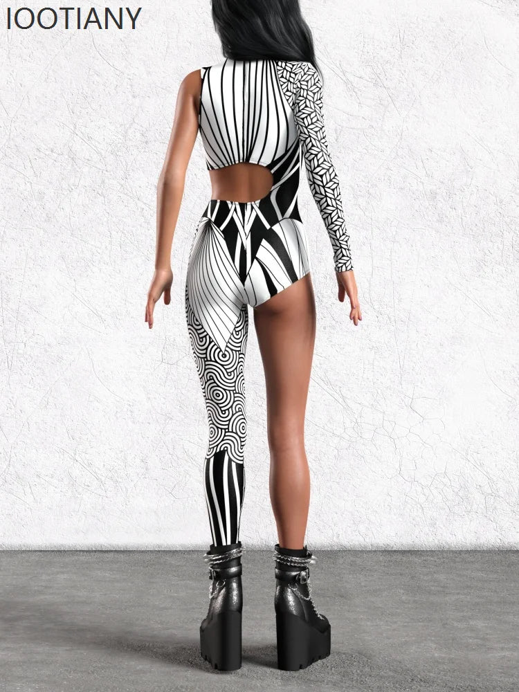 Halloween Unisex Art Irregular Lines Bodysuit Holiday Party Role Playing Solid Color Bodysuit Stage Performance Tights Costume