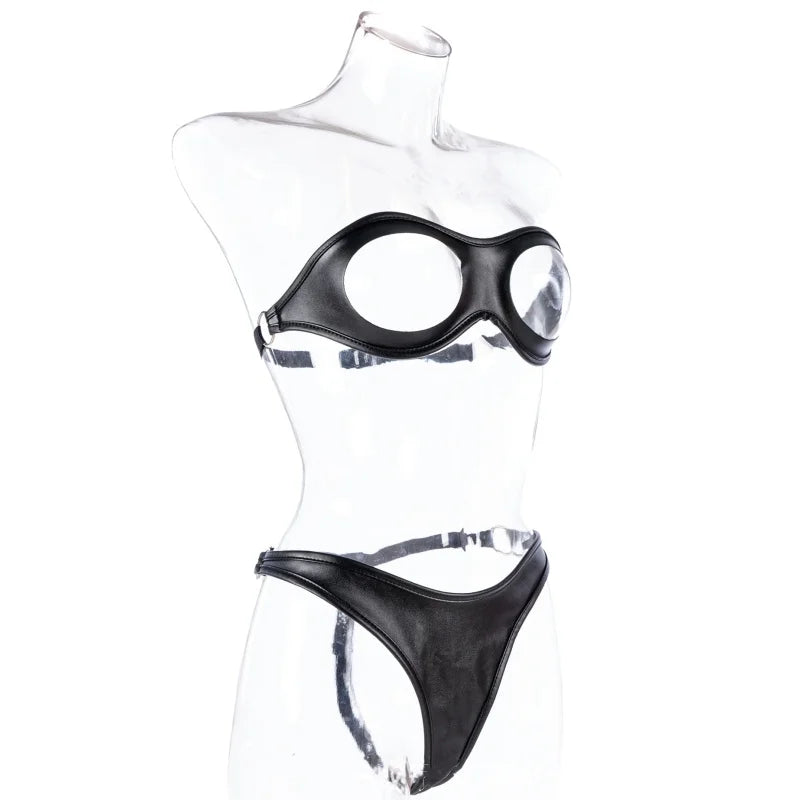 Sexy Breast Revealing Lingerie Bondage Costume with Leather Adjustable Knickers for Women Nightclub Punk Exotic Sex Toys
