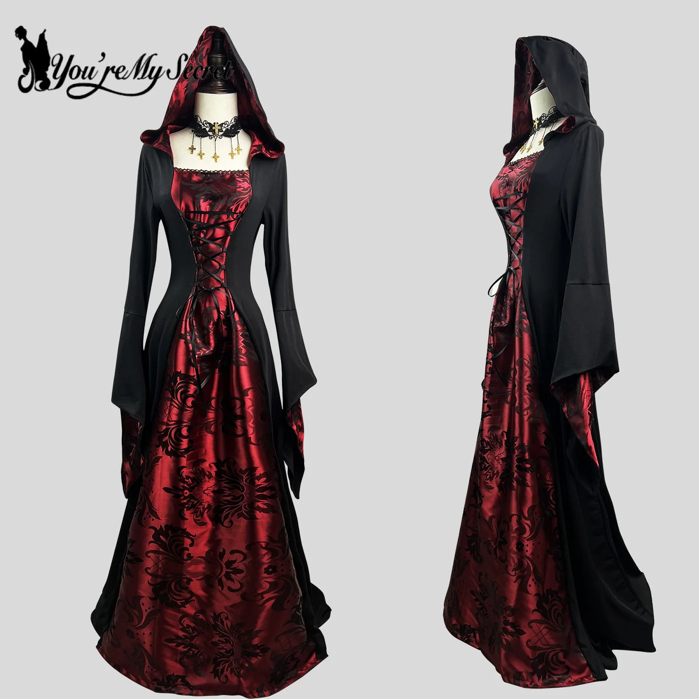 [You're My Secret] Women's Dress Cosplay Vampire Halloween Carnival Party Adult Costume Medieval Retro Gothic Hoodie Witch Robe