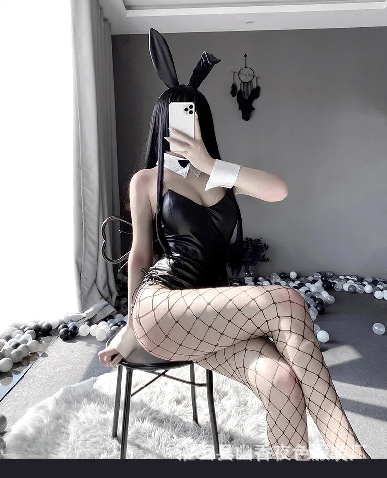 Sexy Bunny Cosplay Costume Women Men Sexy Bodysuit Lingerie Kawaii Bunny Girl PU Faux Leather Rabbit Suit Anime Outfit Halloween
