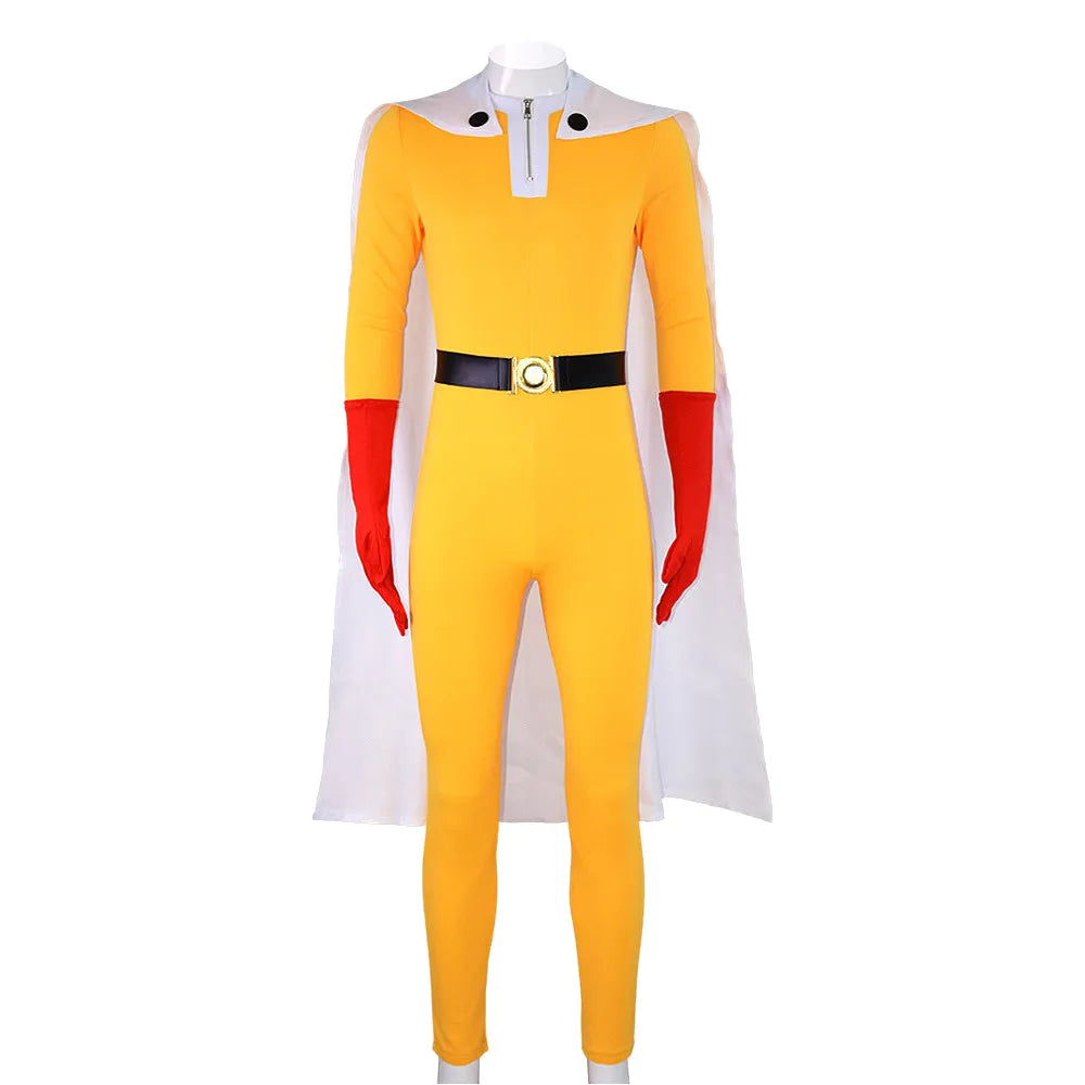 One Punch Man Saitama Cosplay Costume Full Set for Adults Yellow Hero Suit Jumpsuit with Cloak Gloves Belt Cosplay Party Outfit