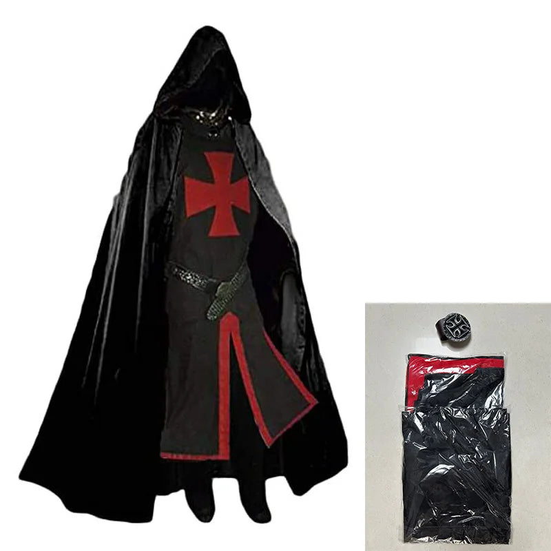 Mens Medieval Crusader Knights Templar Tunic Costumes Renaissance Halloween Surcoat Warrior Black Plague Cloak Cosplay Top S-3XL