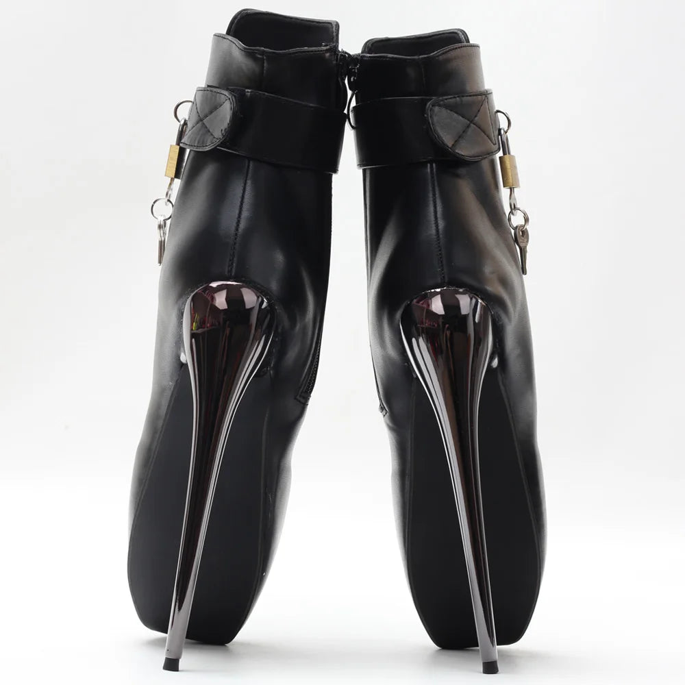 7Inch Stiletto High Heel Lock Wrap Strap Ankle Length Fetish Ballet Boots