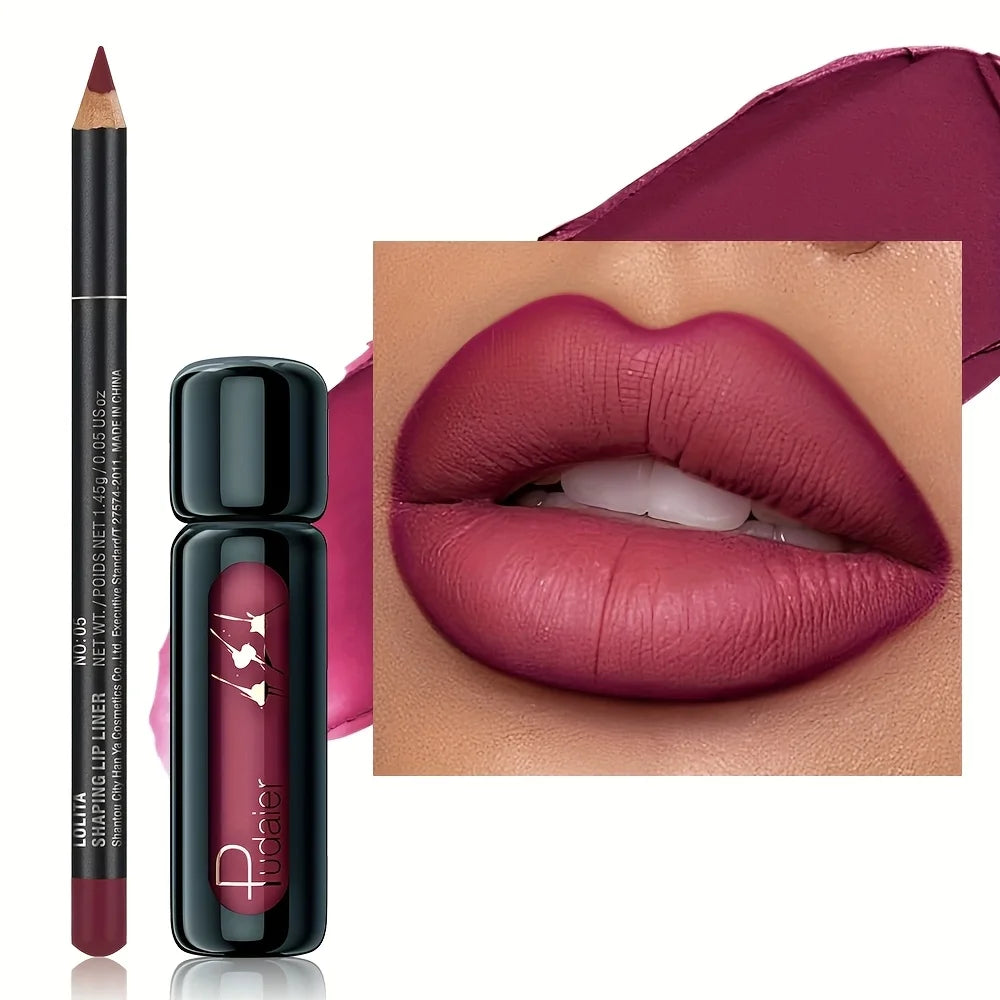Lip Liner & Lip Mud Set, Matte Waterproof Long Lasting Non-Stick Velvet Lip Makeup, Smooth Lip Kit Gift for Women