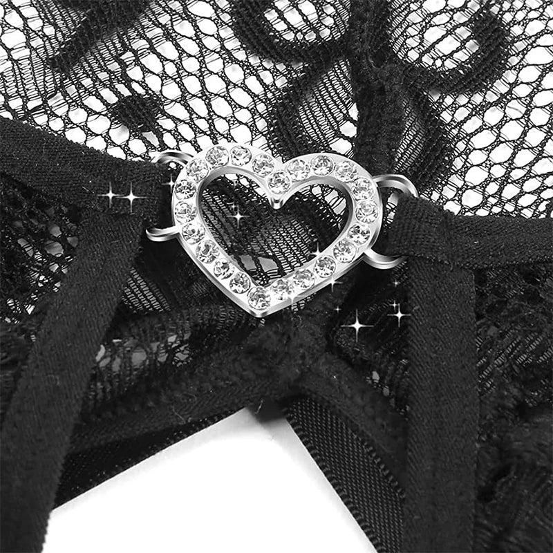 Sexy Crotchless Blue Lingerie Women Lace Hollow Bodysuit Erotic Pajamas Teddy Babydoll Dress Deep V Open Bra Porn Underwear Set